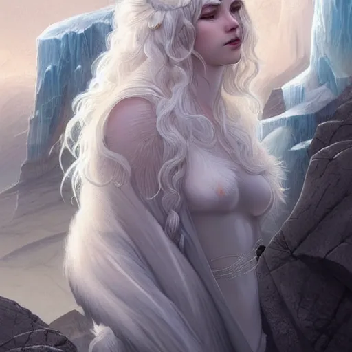 Prompt: portrait of mighty baby harp seal god, white hair, soft hair, d & d, powerful, ice and glaciers, arctic, fantasy, intricate, elegant, highly detailed, digital painting, artstation, concept art, smooth, sharp focus, illustration, art by artgerm and greg rutkowski and alphonse mucha