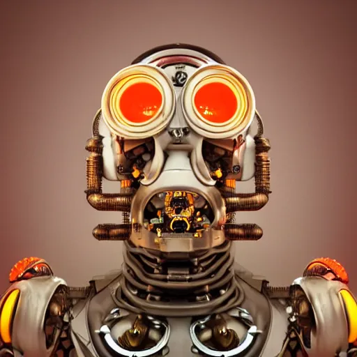 Image similar to a claymodel of a steampunk rococo spaced out futuristic robot head wearing multicolored tubes, 8 k, front view, symetrical, flourescent colors, halluzinogenic, multicolored, exaggerated detailed, front shot, 3 d render, octane