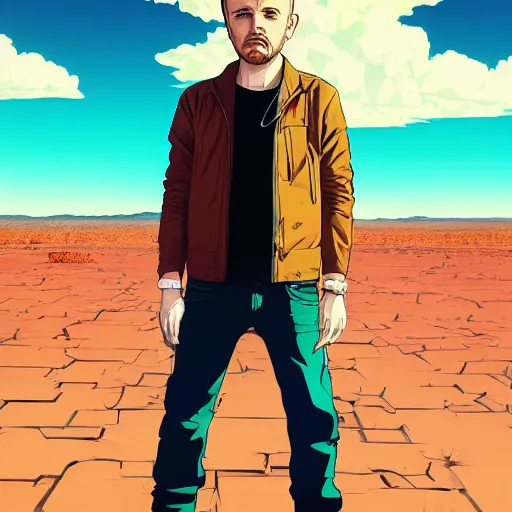 Image similar to ⁠portrait of Jesse Pinkman, New Mexican desert background, rich vivid colors, ambient lighting, dynamic lighting, 4k, HQ, official media, anime key visual, makoto shinkai, ilya kuvshinov, lois van baarle, rossdraws, detailed, trending on artstation