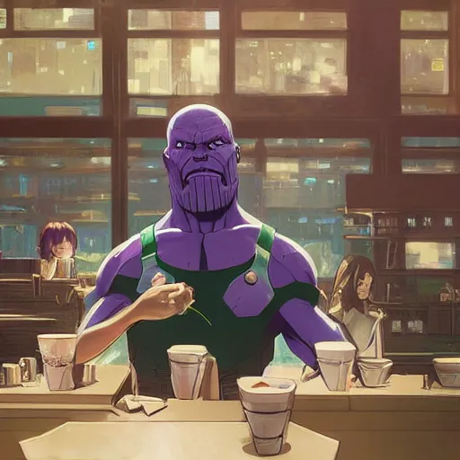 Prompt: portrait of thanos working at starbucks, digital illustration, by makoto shinkai and ruan jia and studio ghibli