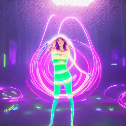 Image similar to full body pose, hyperrealistic photograph of a beautiful rave girl, glowsticks, dim volumetric lighting, 8 k, octane beautifully detailed render, extremely hyper detailed, intricate, epic composition, cinematic lighting, masterpiece, trending on artstation, very very detailed, stunning, hdr, smooth, sharp focus, high resolution, award, winning photo, dslr, 5 0 mm