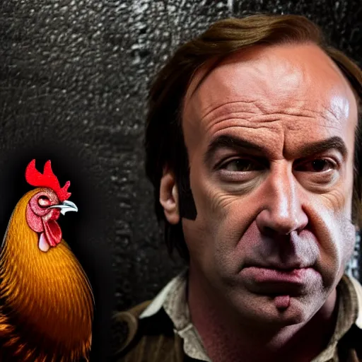 Image similar to saul goodman and a rooster in a medieval torture chamber, saw blades and knives in the background, horror movie, saul goodman!, rooster!!!!, real life photo, highly detailed face