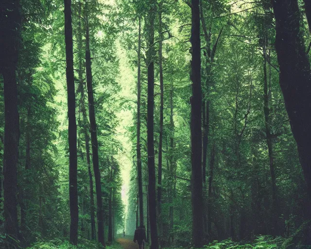 Prompt: a person walking through a forest with tall trees, a photo by kazys varnelis, trending on flickr, naturalism, photo taken with provia, photo taken with ektachrome, photo taken with fujifilm superia