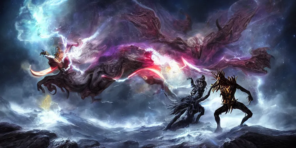 Image similar to cosmic guardian fighting a demonic beast, fantasy apocalypse, digital art, 4 k