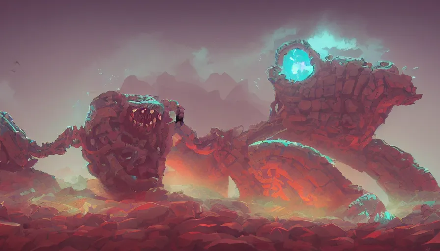 Image similar to rock monster, true evil, dormant in chains, sharp focus, james gilleard, cinematic, game art, extremely detailed digital painting