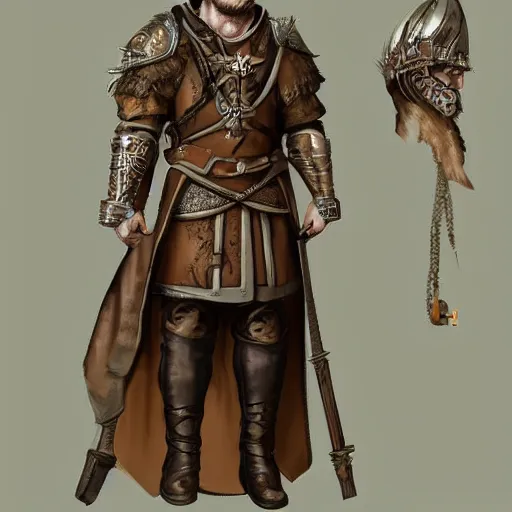 Image similar to 5 0 years old man, tall, stocky : : brown hair, sympathetic, designer stubble : : decorated medieval clothing : : high detail, digital art, rpg, concept art, illustration