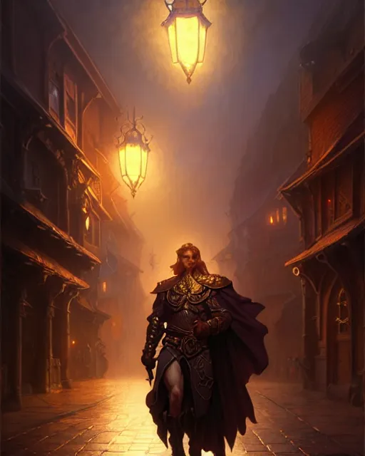 Prompt: the hero of ages walks upon the streets of waterdeep, dnd fantasy art, intricate, elegant, glowing lights, highly detailed, digital painting, artstation, sharp focus, illustration, art by wlop, mars ravelo and greg rutkowski, art by brom, artgerm and alphonse mucha, 8 k, highly detailed