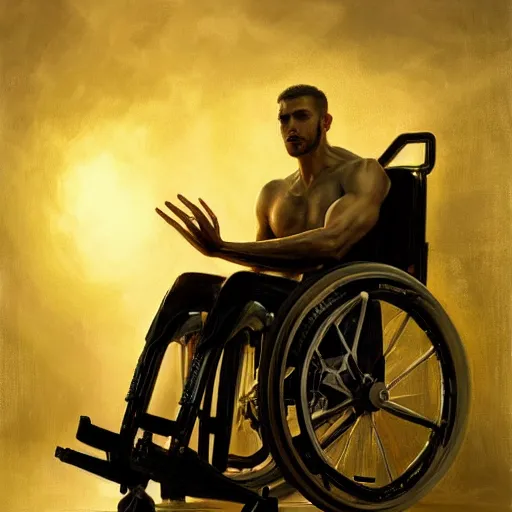 Image similar to handsome portrait of a wheelchair guy fitness posing, radiant light, caustics, heroic, smooth, one legged amputee, gehrnan, translucence, by gaston bussiere, bayard wu, greg rutkowski, giger, maxim verehin