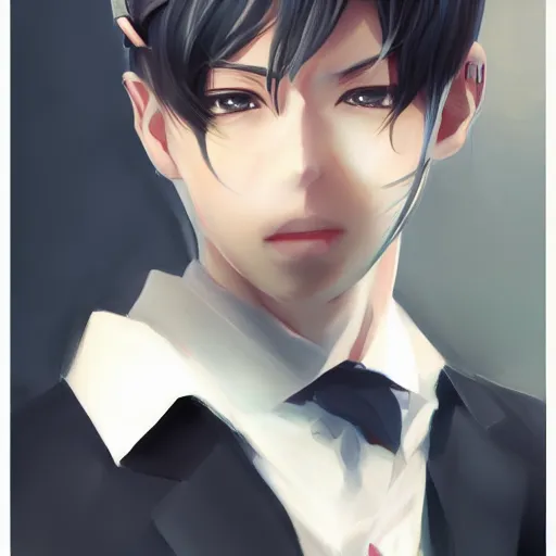 Image similar to A realistic anime portrait of a handsome young man with cat ears wearing a suit, digital painting, by WLOP and Rossdraws, digtial painting, trending on ArtStation, deviantart