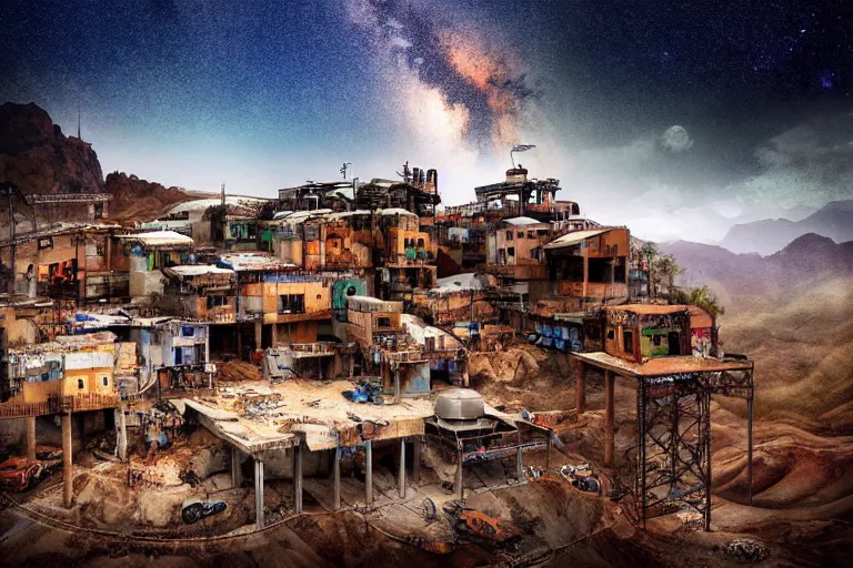 Image similar to favela construction hangar, art nouveau desert environment, industrial factory, cliffs, gloomy, milky way, award winning art, epic dreamlike fantasy landscape, ultra realistic,