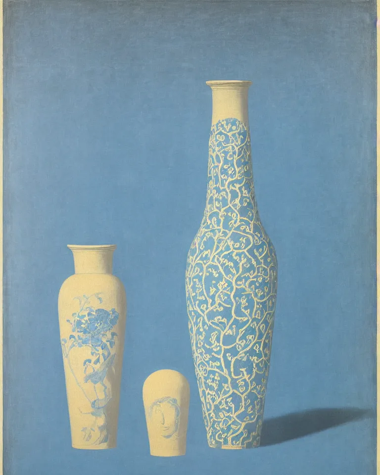 Image similar to achingly beautiful print of intricately painted ancient greek lekythos on a baby blue background by rene magritte, monet, and turner.