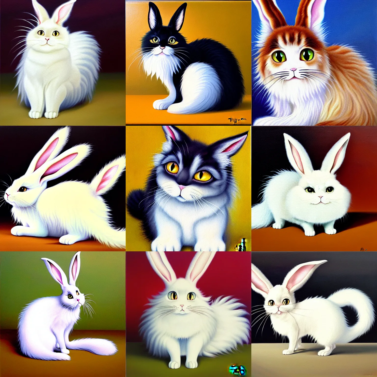 Prompt: oil painting of bunny-cat hybrid with long curly white fluffy fur and extra long tail, by Hayao Miyazaki
