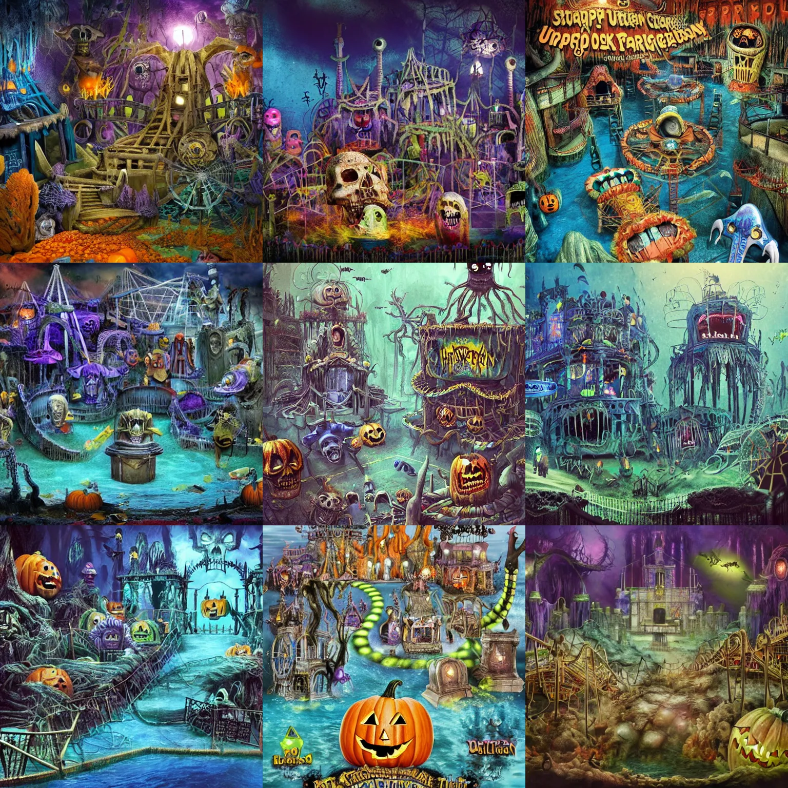 Prompt: a horror based amusement park created by a frugal businessman during halloween that takes place deep underwater and is built on the idea of the lost city of atlantis and created on a shoestring budget, halloween decorations, underwater city, amusement park, spooky, amusement park attractions, deep sea, horror themed, fun, concept art, by harper groff in collaboration with tim burton