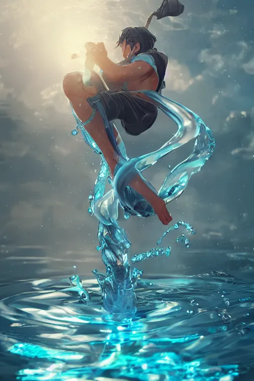 Image similar to a water bender making water swirl all around him , made by Stanley Artgerm Lau, WLOP, Rossdraws, ArtStation, CGSociety, concept art, cgsociety, octane render, trending on artstation, artstationHD, artstationHQ, unreal engine, 4k, 8k,