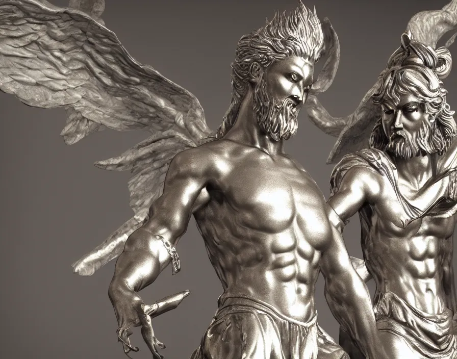 Image similar to silver statue of god and lucifer, beautiful texture, beautiful graphics, fantasy artwork, very beautiful scenery, hd, hdr, ue 5, ue 6, unreal engine 5, cinematic 4 k wallpaper, 8 k, ultra detailed