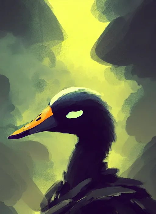 Image similar to portrait of a swan bird, black sky background, chaotic landscape, illustration concept art anime key visual trending pixiv fanbox by wlop and greg rutkowski and makoto shinkai and studio ghibli and kyoto animation, kaki body suit, odst, short body, yellow beak, military gear, grimdark, volumetric lighting