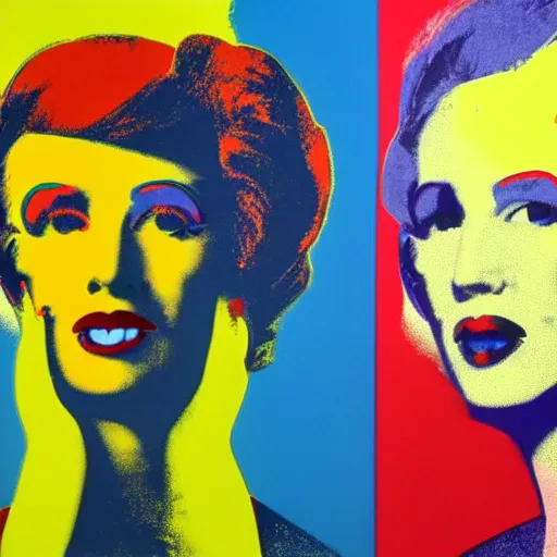 Image similar to silkscreen and lithography to create colorful cyborgs in the style of andy warhol