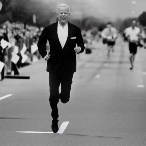 Image similar to film still close - up shot of joe biden running a marathon. photographic, photography