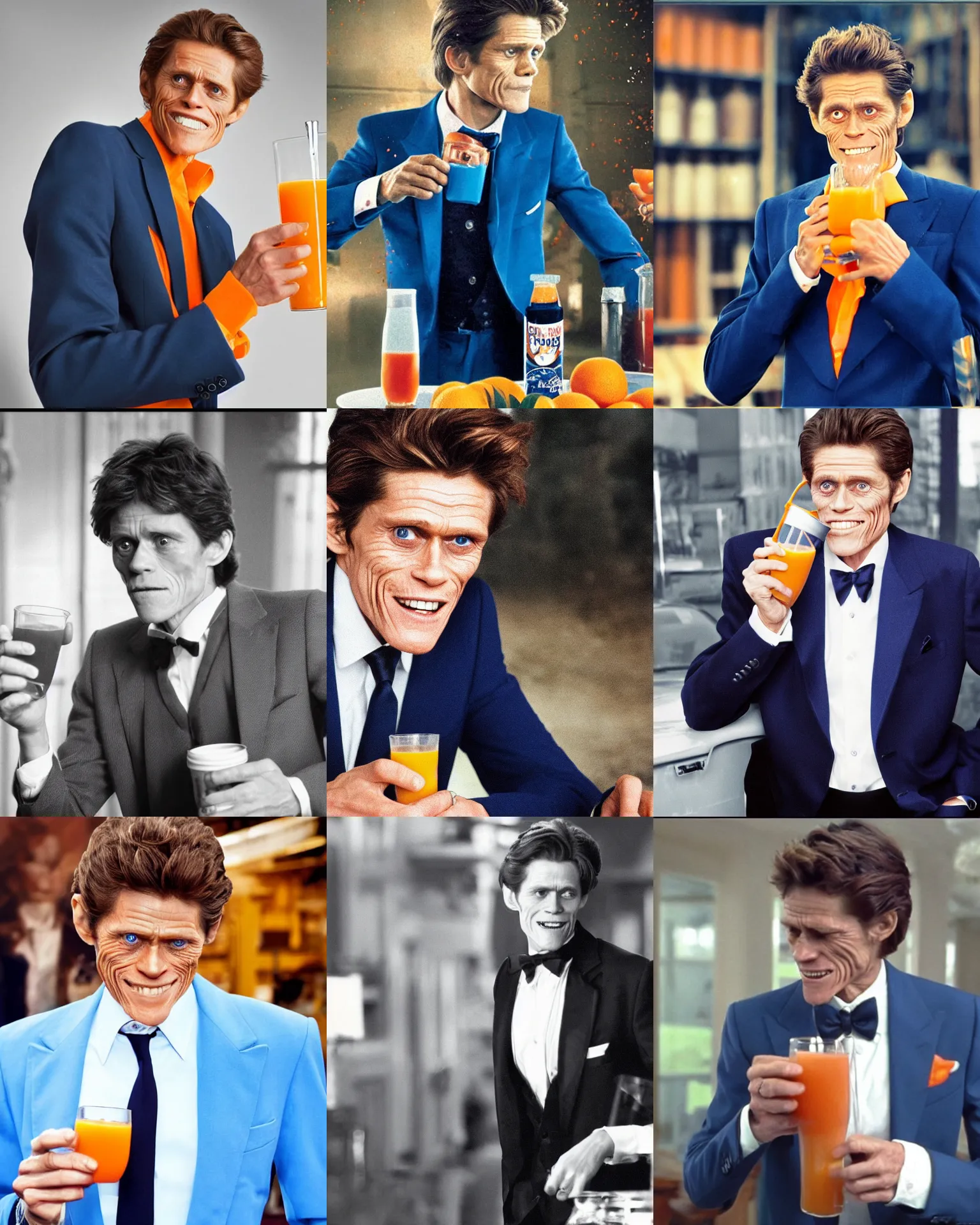 Prompt: young willem dafoe wearing blue tuxedo happily drinking orange juice, spilling juice, orange juice stains on jacket, 2 0 1 5 viral product advertisement hd, commercial banner, english text