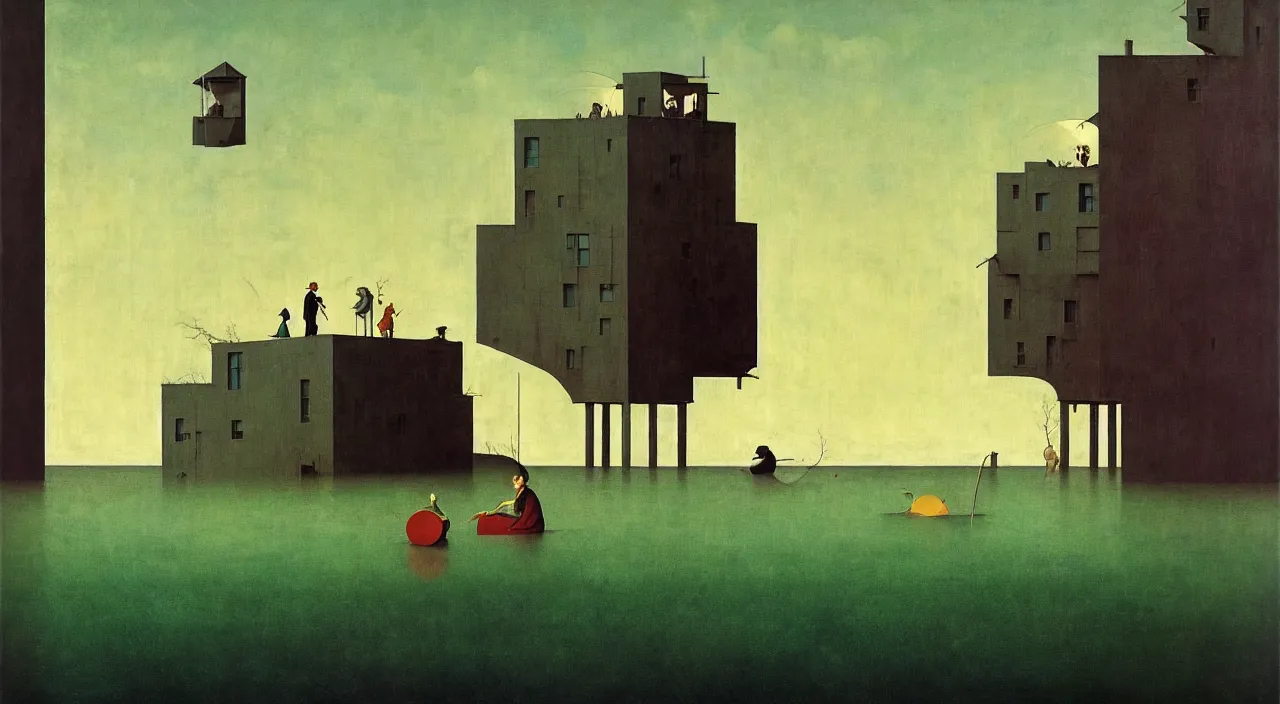 Image similar to single flooded simple!! george ault tower, very coherent and colorful high contrast masterpiece by norman rockwell franz sedlacek hieronymus bosch dean ellis simon stalenhag rene magritte gediminas pranckevicius, dark shadows, sunny day, hard lighting