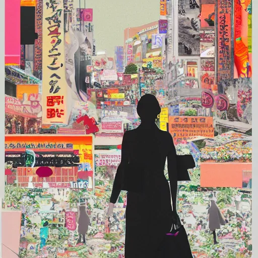 Prompt: maximalist paper collage art of a woman walking through a tokyo shopping district at sunset