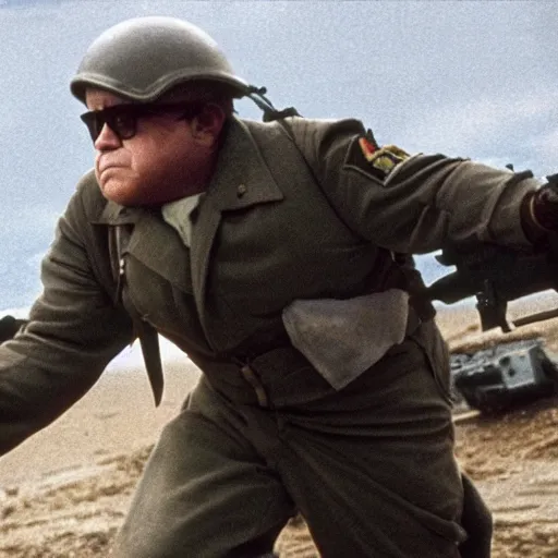 Prompt: Danny Devito as a soldier in a movie directed by Christopher Nolan, movie still frame, promotional image, imax 70 mm footage