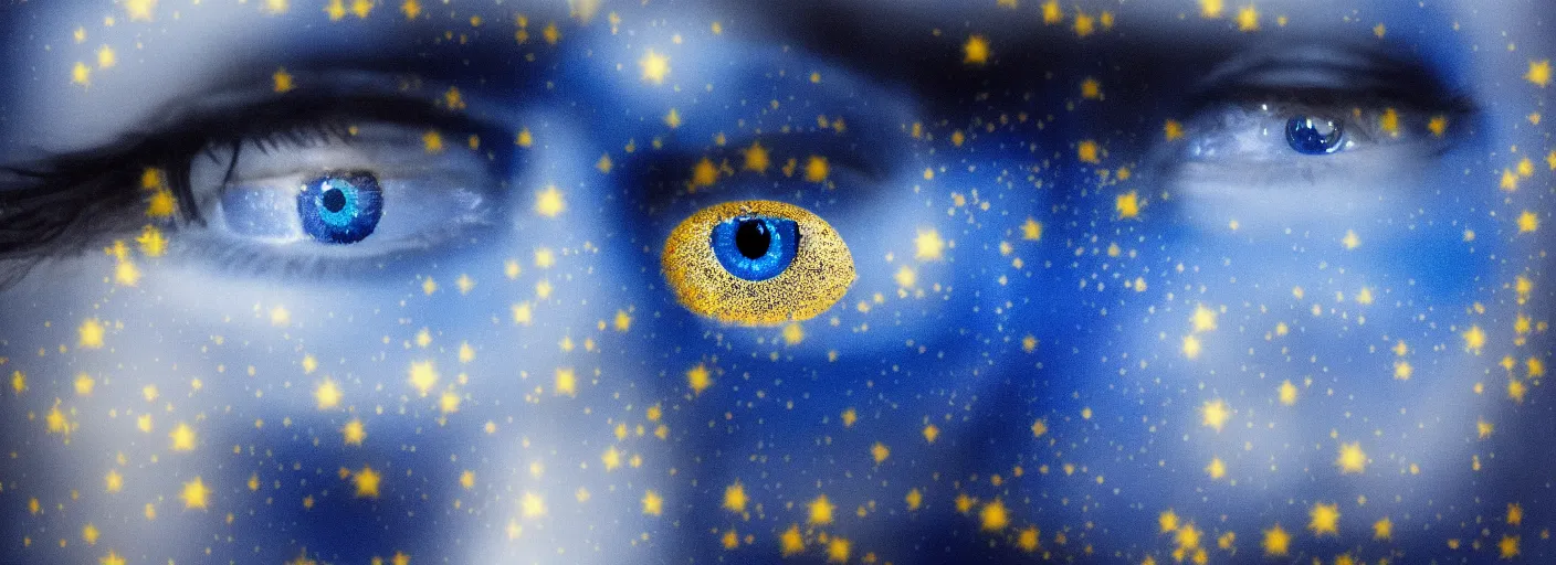 Image similar to the longest night reflected in the eye, awardwinning portrait photography, symmetrical cloaked figure face, ultramarine blue and gold astronomical star constellations and watch gears, moon and candle