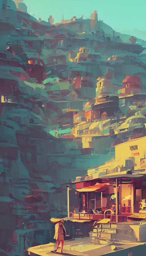 Prompt: shop on a hill, sharp focus, james gilleard, cinematic, game art, extremely detailed digital painting