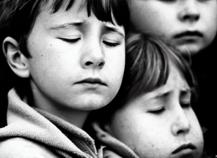 Image similar to high resolution black and white portrait with a 5 0 mm f / 1. 4 lens of russian children with their eyes closed in grief in 1 9 8 4.