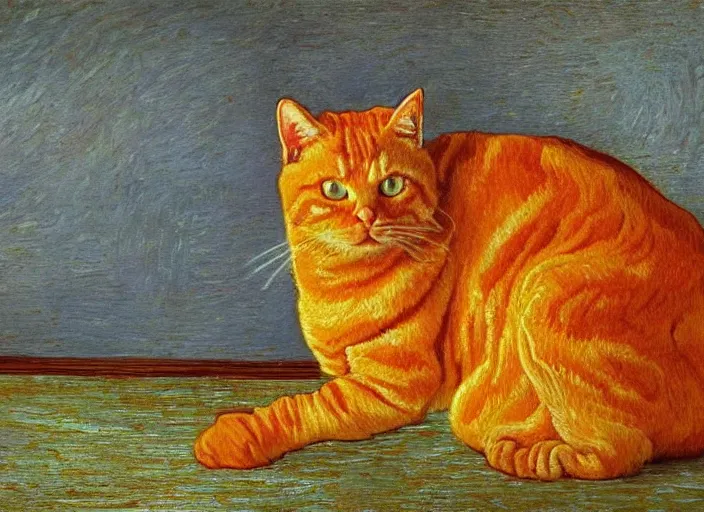 Image similar to detailed realistic realism painting of lasagna that looks like an orange tabby cat, at dusk, in the style of vincent van gogh and salvador dali and leonardo da vinci