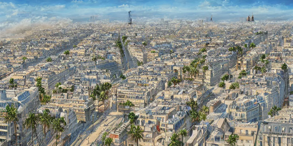 Image similar to the beautiful city of paris rebuilt near the pacific ocean in sunny california, amazing weather, sandy beach, palm trees, splendid haussmann architecture, digital painting, highly detailed, intricate, concept art, matte painting, trending on artstation