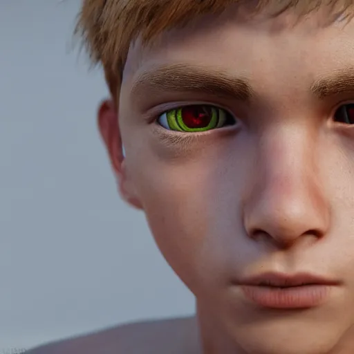 Image similar to detailed face of boy with blonde hair and brown eyes, unreal engine 5 rendered, incredibly highly detailed and realistic, 8 k, sharp focus, studio quality