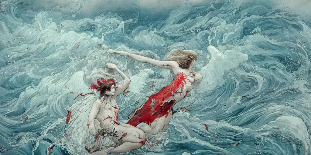 Prompt: an elegant angel surfacing out of the sea, thunderstorm, art by james jean, graffiti, liquid, splatter paint