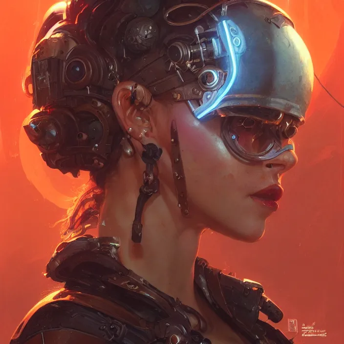 Prompt: a head and shoulders portrait of a female space pirate, neon, retro, steampunk, smooth, sharp focus, intricate, artstation, detailed concept art by Greg Rutkowski and Norman Rockwell and artgerm and Beksinski