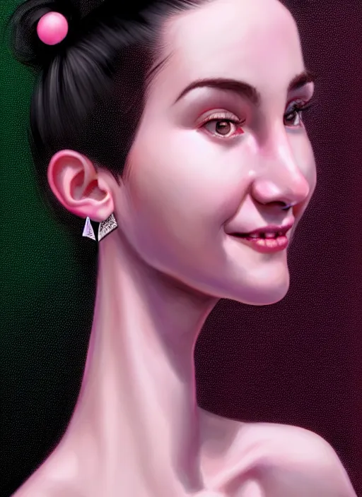 Image similar to portrait of high school girl, realistic, black hair, bangs, half updo hairstyle, pointy nose, skinny, smile, ugly, defined jawline, big chin, pink hair bow, earrings, intricate, elegant, glowing lights, highly detailed, digital painting, artstation, sharp focus, illustration, art by wlop, mars ravelo and greg rutkowski