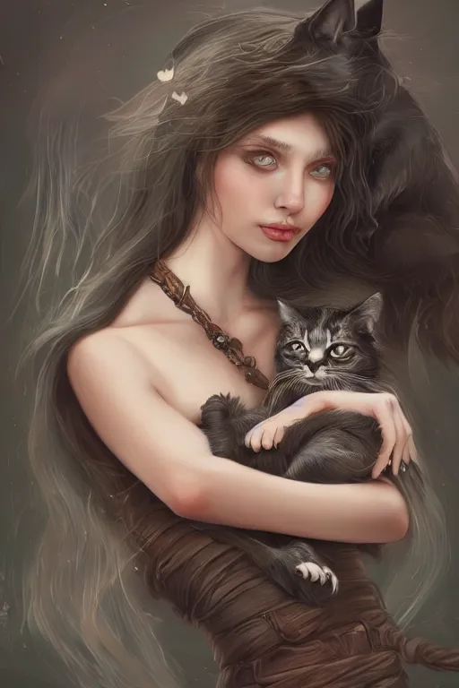 Image similar to A extremely beautiful portrait of a cute witch and her cat, surreal, ultradetailed, intricate, elegant, lithe, detailed, digital painting, artstation, concept art, smooth, sharp focus, illustration