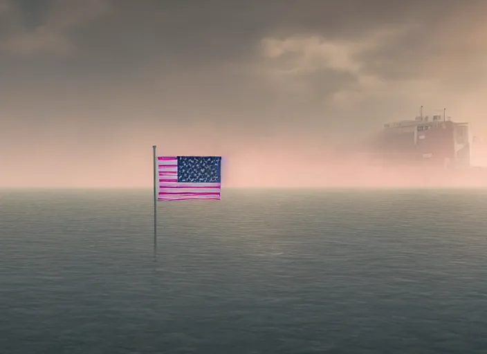 Image similar to a pink donut with an american flag sticking out of it in an underwater desert. a submarine is visible in the distance. dark, concept art, cinematic, dramatic, atmospheric, 8 k, trending on artstation, blue, fish, low visibility, light rays, extremely coherent, bubbles, fog, ocean floor, christopher nolan, interstellar