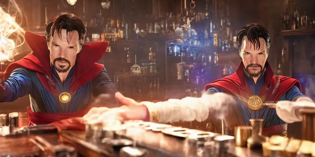 Image similar to film still of Doctor Strange working as a bartender in the new Avengers movie, 4k