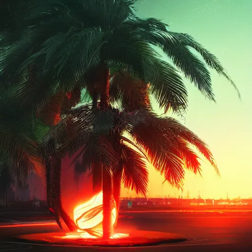 Image similar to Fiery Palm tree ignites black background, sending flickering aesthetic firefly ashes towards viewer by Makoto Shinkai, by Artgerm, by beeple, by Greg Rutkowski, volumetric lighting, octane render, 4K resolution, trending on artstation, masterpiece