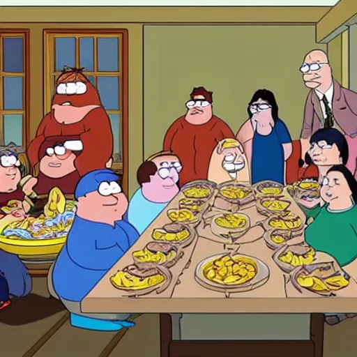 Prompt: picture of a sect where people are in a doomed basement watching family guy Peter Griffin eating pasta