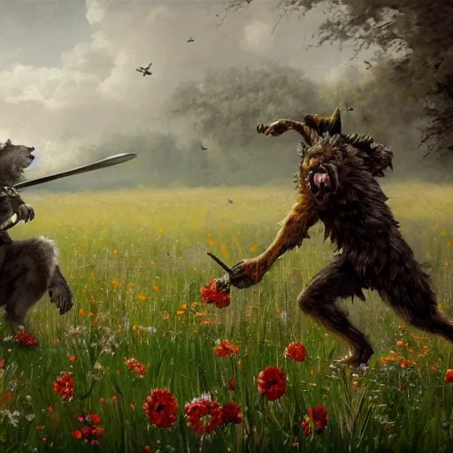 Image similar to A werewolf fighting a bunny barbarian in a field of flowers. WWII planes fly overhead, Academic painting by Greg Rutkowski, Mobile still frame. 4K UHD