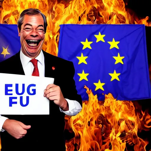 Image similar to nigel farage laughing holding burning eu flag, studio photograph, hd, studio