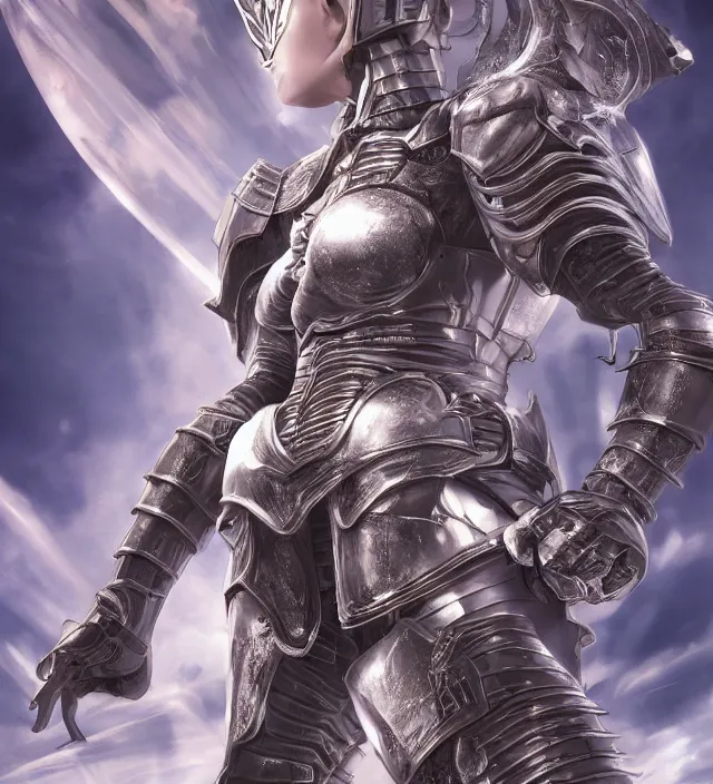 Prompt: hd 3 d rendered graphic novel video game portrait of a cute young armor knight girl complicated synaptic particles angelic deity demon future downtown in ishikawa ken miura kentaro gantz frank miller jim lee alex ross vaporwave technoir style detailed trending award winning on flickr artstation