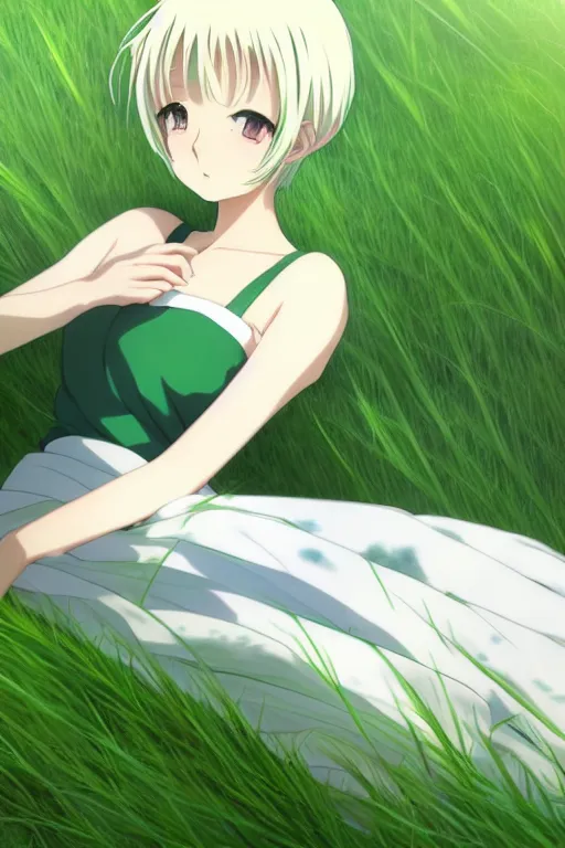 Prompt: anime art full body portrait character concept art, anime key visual of elegant young female wearing a sundress, platinum blonde straight bangs and large green eyes, finely detailed perfect face delicate features directed gaze, laying down in the grass at sunset in a valley, trending on pixiv fanbox, studio ghibli, extremely high quality artwork
