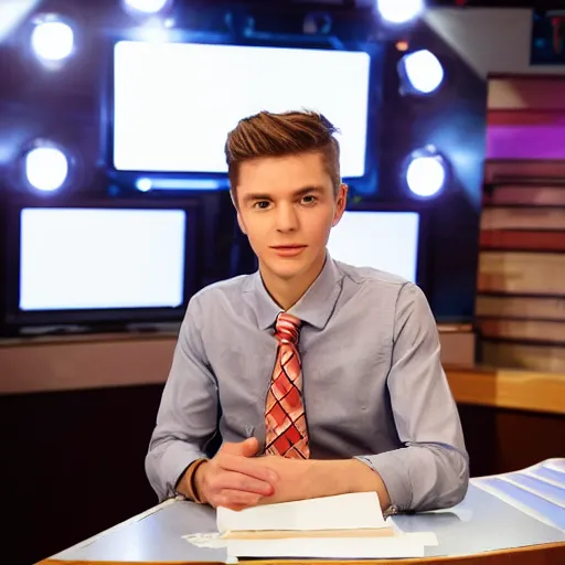 Prompt: high quality portait of a small self righteous male journalist in a low budget tv studio, awkward angle, wide angle,