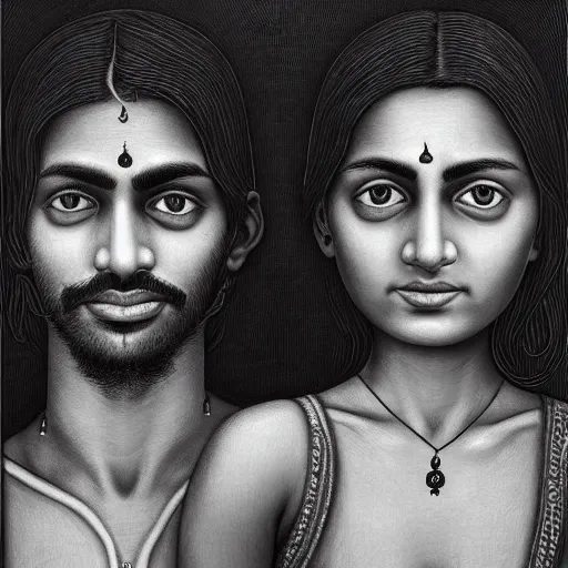 Prompt: perfectly centered symmetrical split male and female portrait of young indian man and woman in love sharing one heart. illustration, highly detailed, simple, no jagged lines, smooth, artstation, artwork by mike worrall