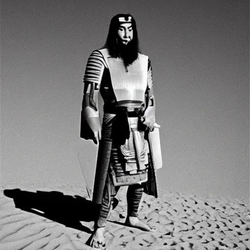Image similar to egyptian samurai, katana, standing in desert