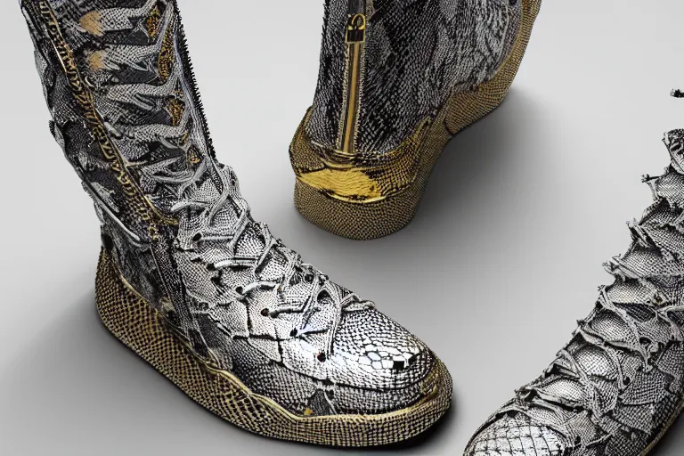 Prompt: one snakeskin hightop sneaker with neon illuminated soles on a white surface, clean 3 d render, beautiful studio lighting, soft, sharp focus, cyberpunk, intricate detail, gold filigree, art by iris van herpen and syd mead