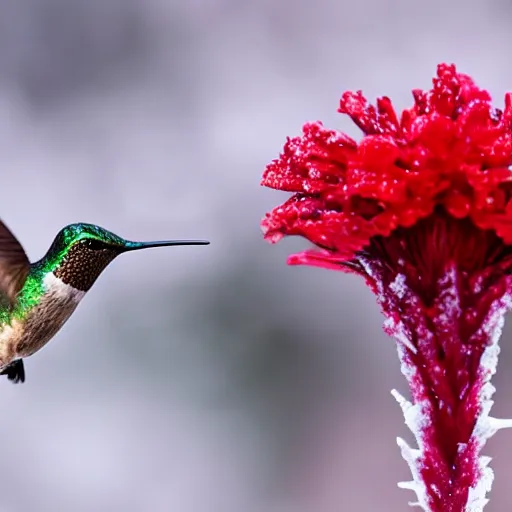 Prompt: a hummingbird finding a beautiful flower, entrapped in ice, only snow in the background, beautiful macro photography, warm ambient light