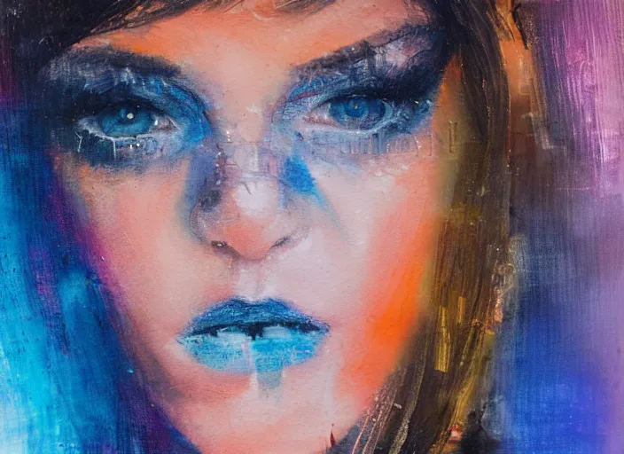 Image similar to detailed portrait of a punk girl with blue eyes in the city street at night, bokeh, long exposure, painting by enki bilal christopher doyle